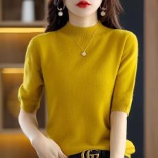 批发早春100%纯羊毛衫女半<b class='q'>高领</b>五分袖短袖女针织衫中袖羊绒<b class='q'>打底衫</b>上衣