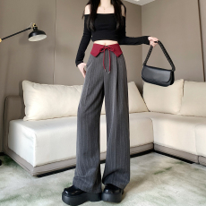 批发实拍2025秋季复古条纹撞色拼接阔腿裤女新款设计感腰头翻领休闲裤