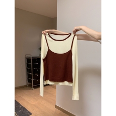 Actual shot of autumn and winter Korean style lazy contrast color fake two-piece design versatile 6 wool knitted inner long-sleeved top