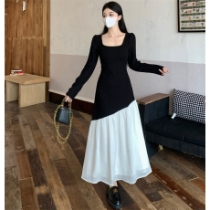 批发实拍 大码2026春新款设计感长袖方领收腰显瘦黑白撞色拼接连衣裙
