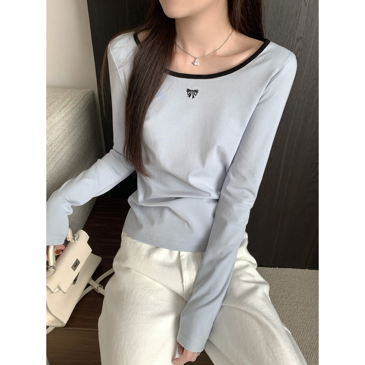 Actual shot of autumn and winter Korean style contrasting color round neck versatile bow simple pure cotton long-sleeved bottoming T-shirt top