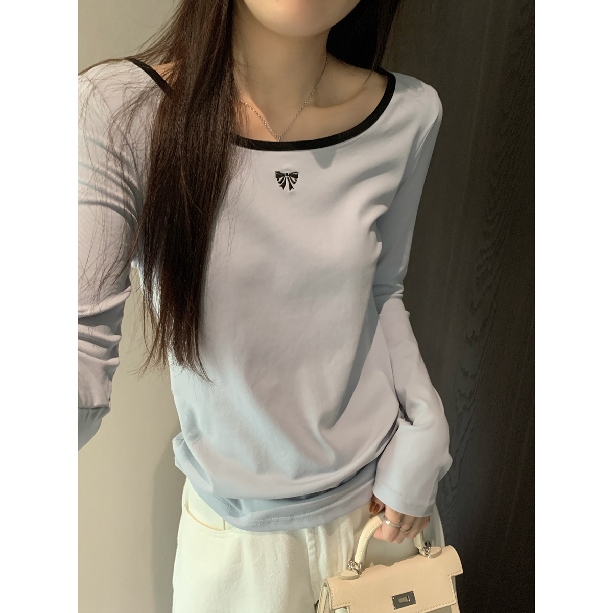 Actual shot of autumn and winter Korean style contrasting color round neck versatile bow simple pure cotton long-sleeved bottoming T-shirt top