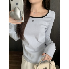 Actual shot of autumn and winter Korean style contrasting color round neck versatile bow simple pure cotton long-sleeved bottoming T-shirt top