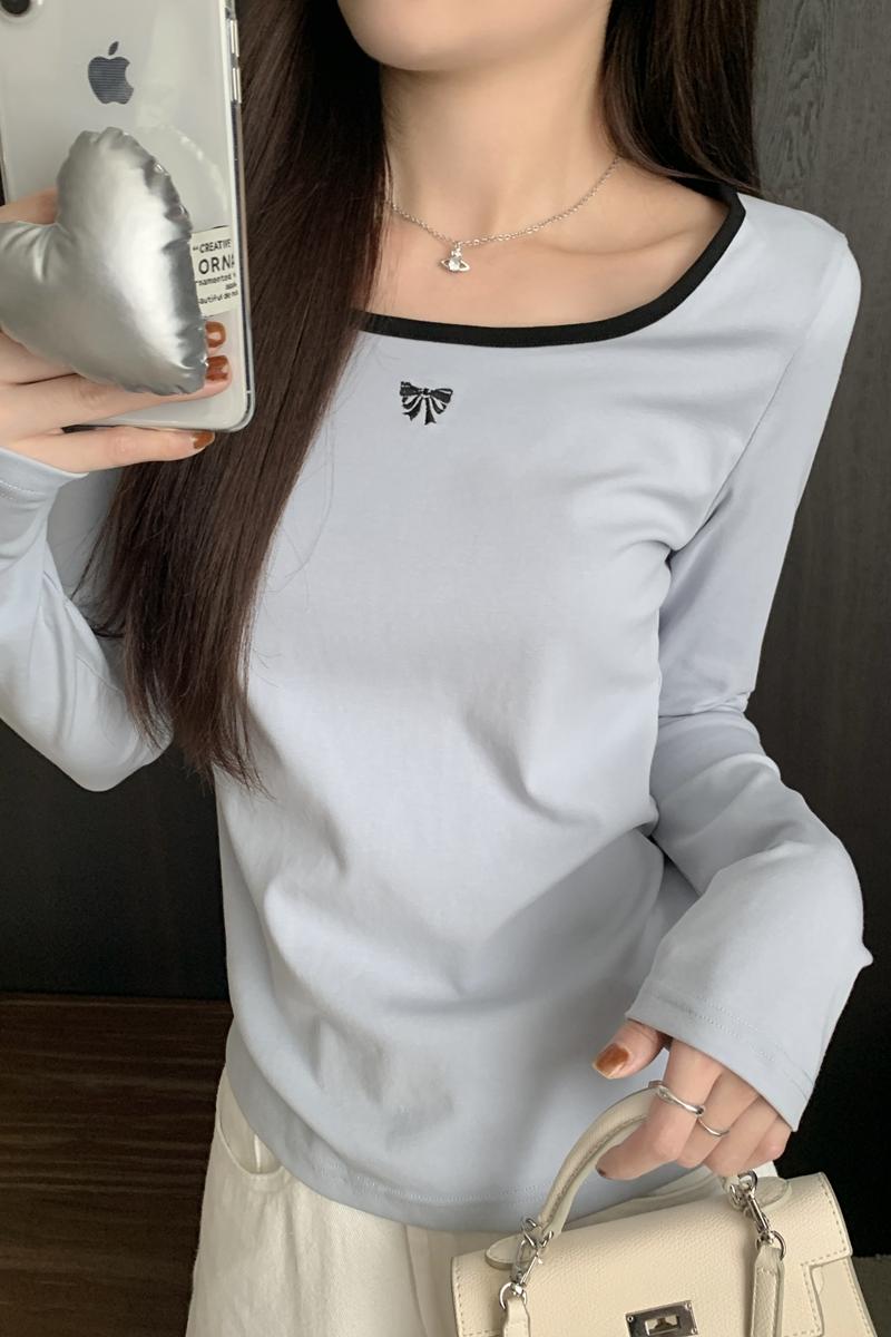 Actual shot of autumn and winter Korean style contrasting color round neck versatile bow simple pure cotton long-sleeved bottoming T-shirt top