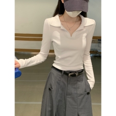 Actual shot of 2024 autumn and winter Korean style slim fit polo collar versatile solid color long-sleeved inner T-shirt top