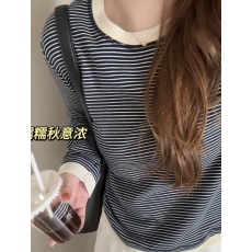 批发大码新款女修身显瘦时尚软糯糯条纹长袖打底衫
