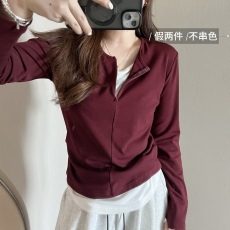 批发5色~大码秋新款女显瘦百搭假两件不规则长袖打底衫