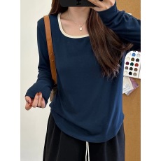 批发<b class='q'>大码</b>方领拼色长袖正肩T恤女打底针织衫