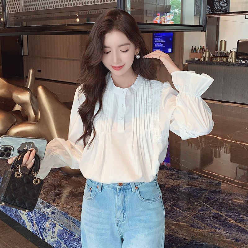 RY586#秋季新款韩版百搭圆领拼接长袖衬衫女上衣秋