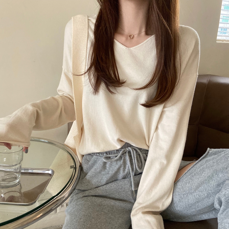 Women's V-neck Crew Neck T-shirt for Layering, 2024 Spring and Autumn New Arrival Loose Fit Versatile Fashion Hooded Long Sleeve Knit Top