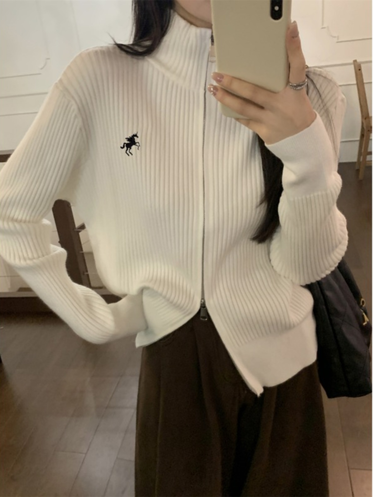 韓版高領雙拉鏈開衫女春秋季新款設計感安迪絨針織毛外搭衣女外套