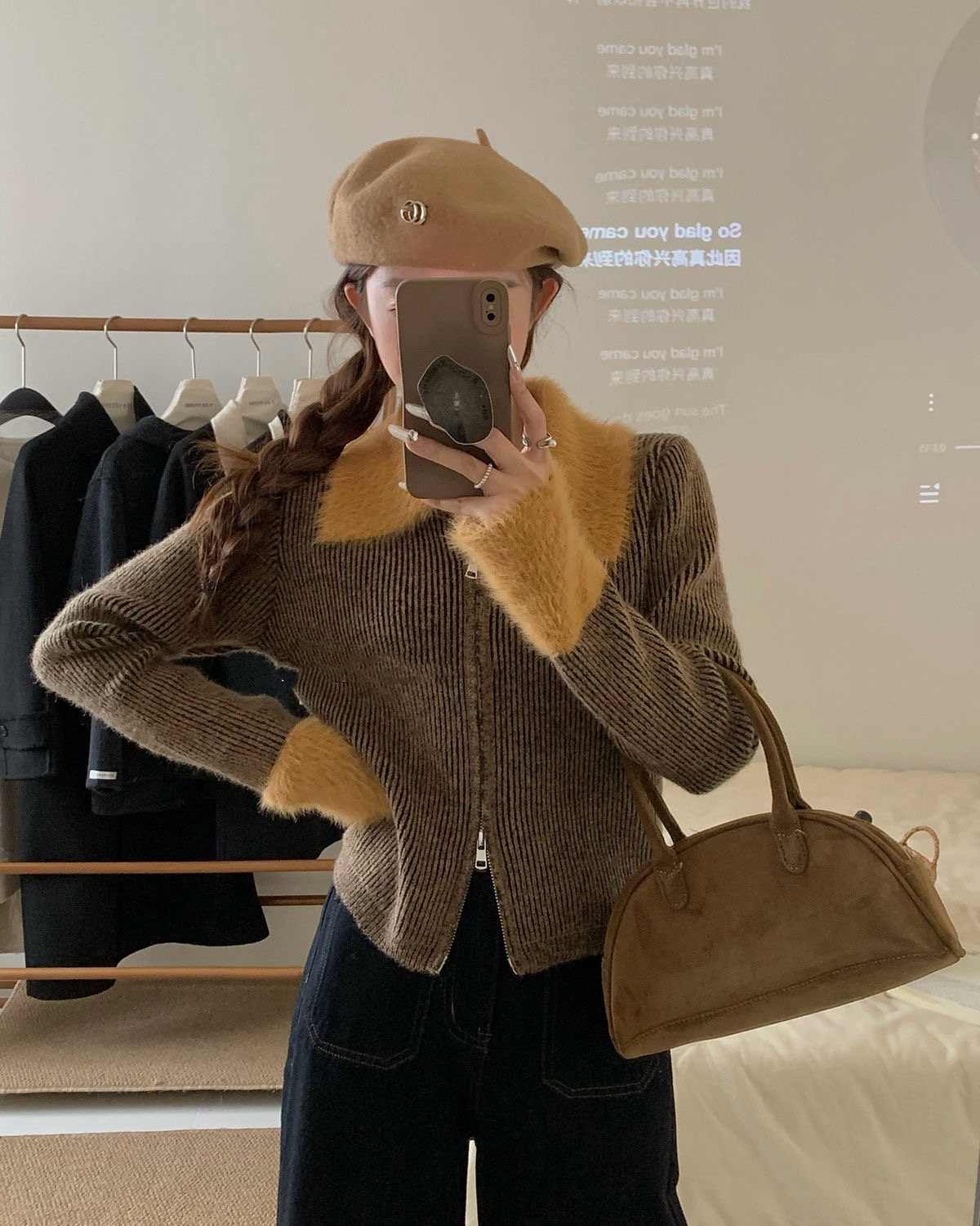 스웨터 여성 코트 오픈 가디건 느긋한 바람 한 부서 달콤한 핫걸 배색 모피 칼라 패치워크 고급 센스 맨위 더블 지퍼 헤드