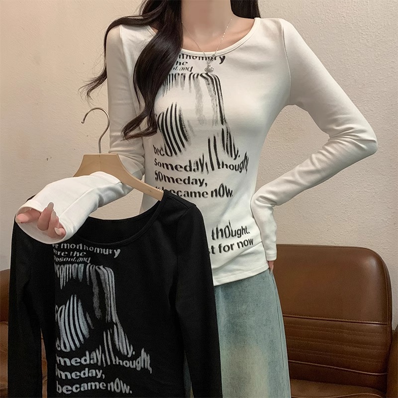 PF22099#92%棉8%氨纶 新款字母晕染印花打底长袖t恤女女裝貨源服裝批發