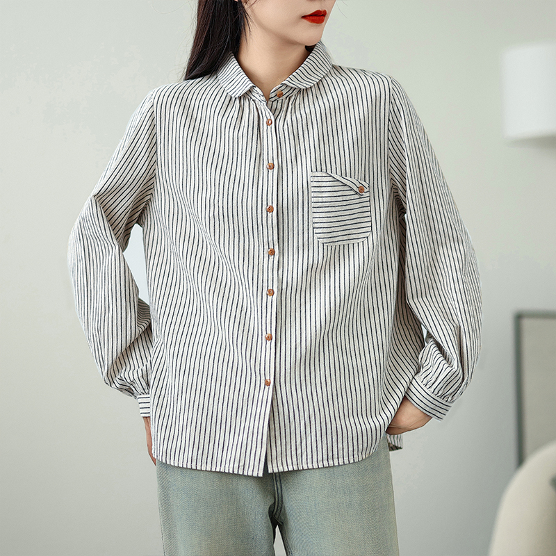 실사 피터 팬 칼라 레트로 면 린넨 긴팔 셔츠 스트라이프 오리지널 문예 봄 가을 만나는 맨위