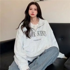 批发仿棉鱼鳞250克#秋季薄款polo领卫衣女冬季加绒宽松韩版上衣半拉链