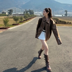 批发棕色皮衣外套女2025年新款秋冬季机车服短款咖色复古美拉德夹克