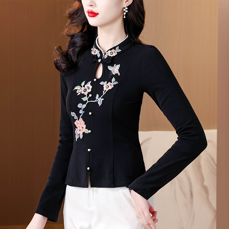PF29772#中国风复古针织衫绣花女长袖上衣刺绣立领盘扣中式打底衫女裝貨源服裝批發