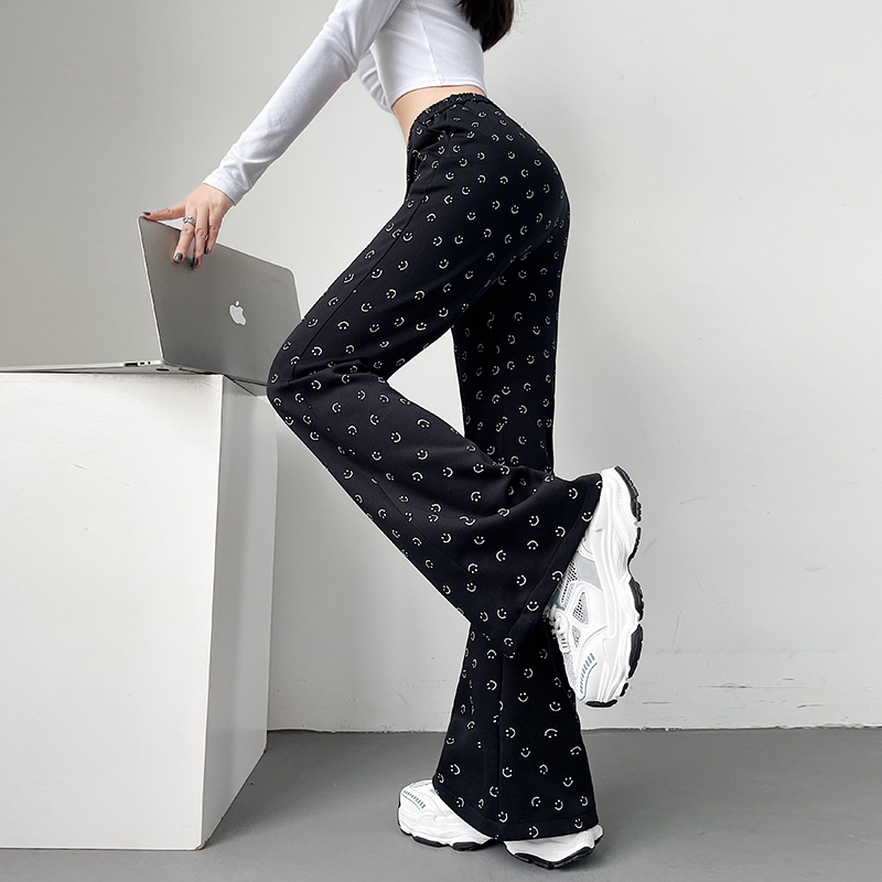 PF21618#美式辣妹印花微喇叭裤女秋季新款显瘦修身百搭马蹄裤休闲长裤女裝貨源服裝批發