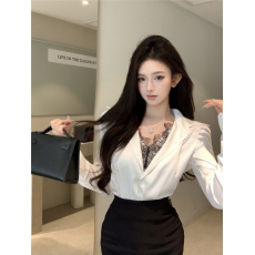 批发实拍新款复古性感蕾丝拼接V领长袖缎面<b class='q'>衬衫</b>+高腰包臀半身裙短裙女