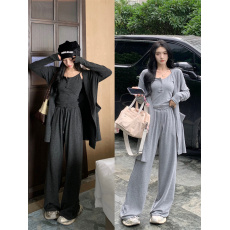 批发实拍~三标齐~慵懒松弛感休闲套装女新款<b class='q'>宽松</b>开衫吊带阔腿裤三件套