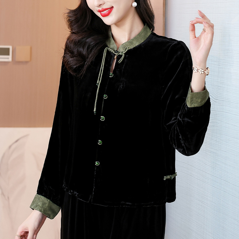 샹윈사 패치워크 실크 플러시 재킷 여성 짧은 봄 가을 뽕나무 누에 실크 금사 벨벳 고귀한 외국 가스 실크 벨벳