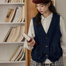 批发实拍2026年春季复古日系<b class='q'>甜美</b>木耳边百搭牛仔马夹外套