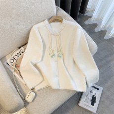 批发新中式国风刺绣针织衫上衣大码女装胖mm秋冬新款加厚毛衣开衫外套