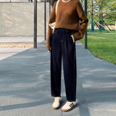 批发实拍好质量窄版阔腿裤针织牛仔女春款松紧腰直筒裤弹力<b class='q'>哈伦裤</b>女