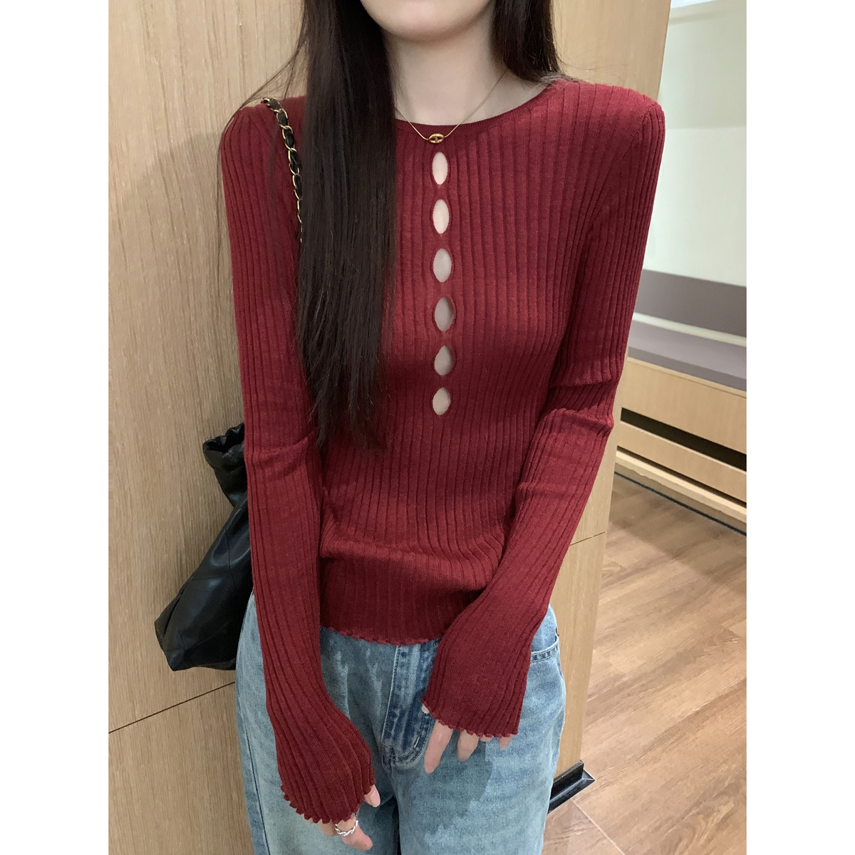 Real shot of autumn and winter Korean style slim fit hollow slim design 6 wool knitted long-sleeved bottoming shirt top for women