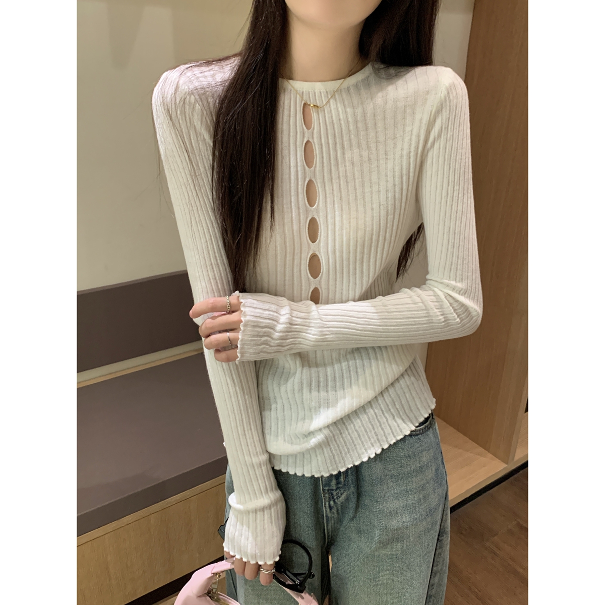 Real shot of autumn and winter Korean style slim fit hollow slim design 6 wool knitted long-sleeved bottoming shirt top for women