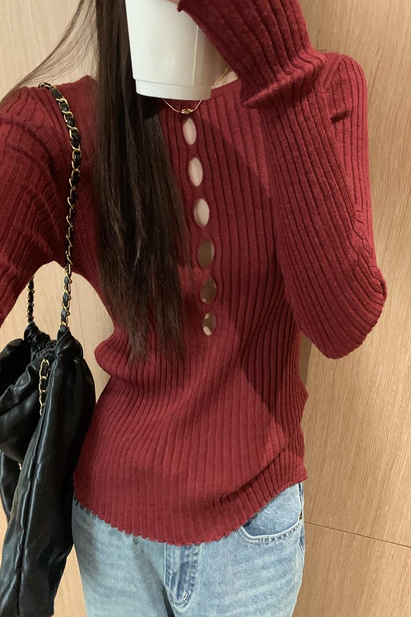 Real shot of autumn and winter Korean style slim fit hollow slim design 6 wool knitted long-sleeved bottoming shirt top for women