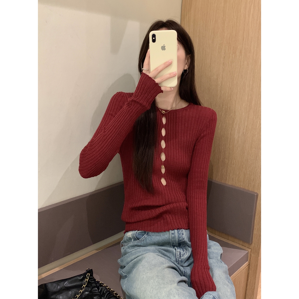 Real shot of autumn and winter Korean style slim fit hollow slim design 6 wool knitted long-sleeved bottoming shirt top for women