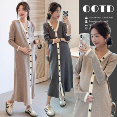 批发有货#孕妇连衣裙秋装225新款<b class='q'>春</b>秋外出时尚宽松单拍扣V领针织A字裙