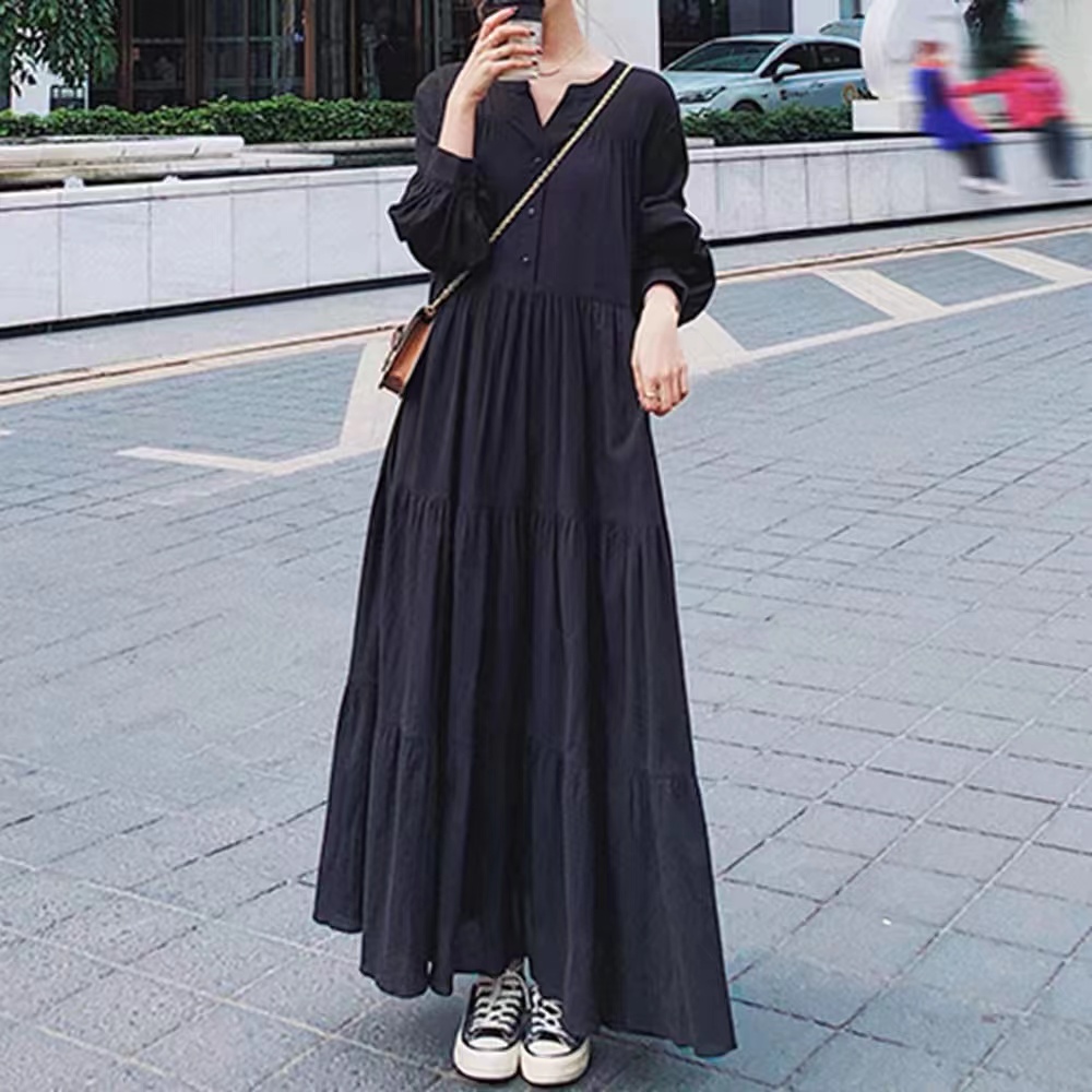 가을 의상 새로운 일본과 한국 스타일 ins 여성 의류 큰 진자 드레스 랜턴 긴팔 그는 벤 바람 롱 스커트