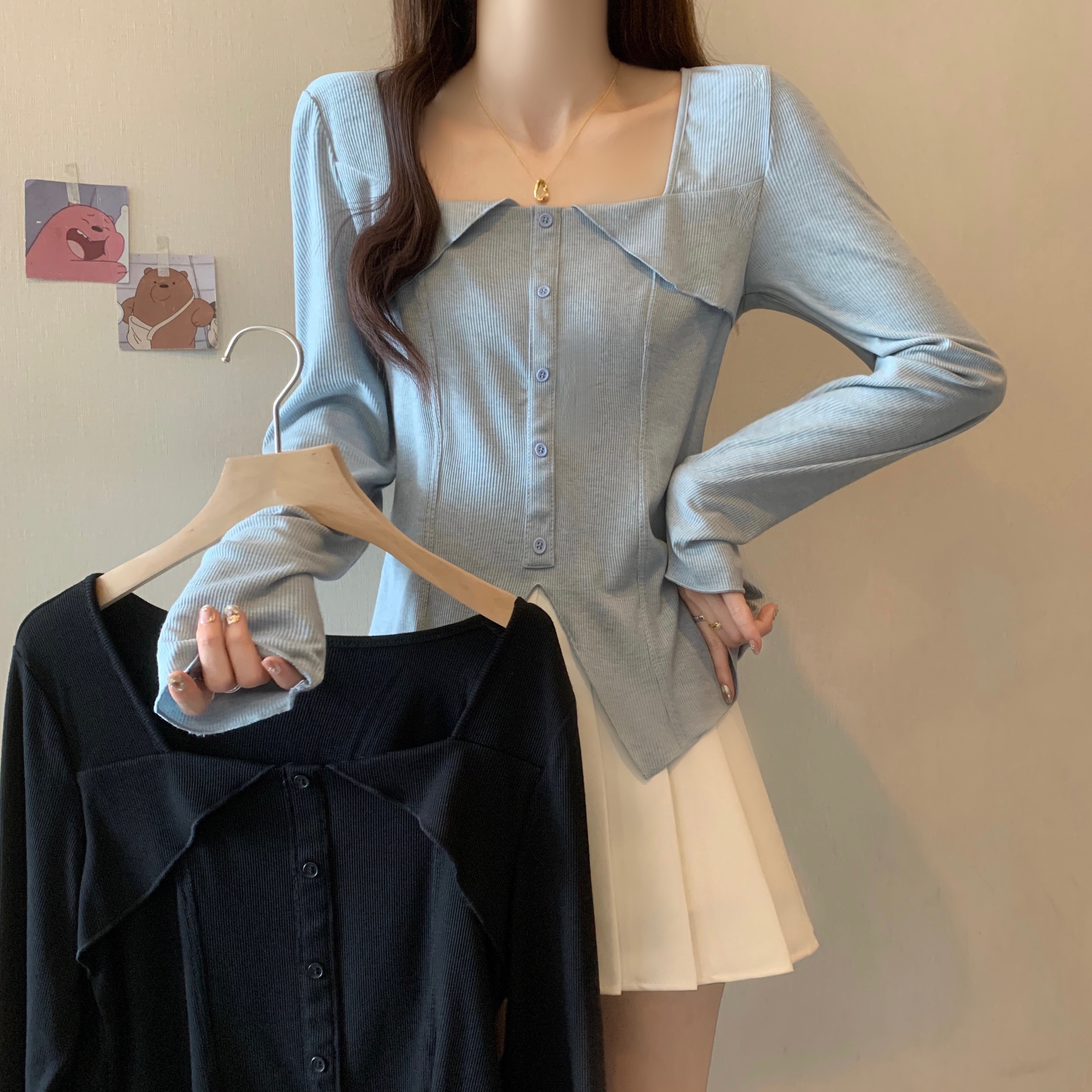 실사 빅 사이즈 표지 배 긍정적 인 어깨 광장 칼라 불규칙 긴팔 티셔츠 여성 가을 새로운 지방 mm 슬림해 보이는 기본 셔츠