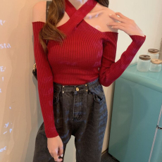 批发抖音天猫品质挂脖上衣<b class='q'>新款</b>一字领交叉心机露肩性感镂空针织打底衫