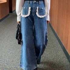 批发现 新款蕾丝边直筒牛仔裤