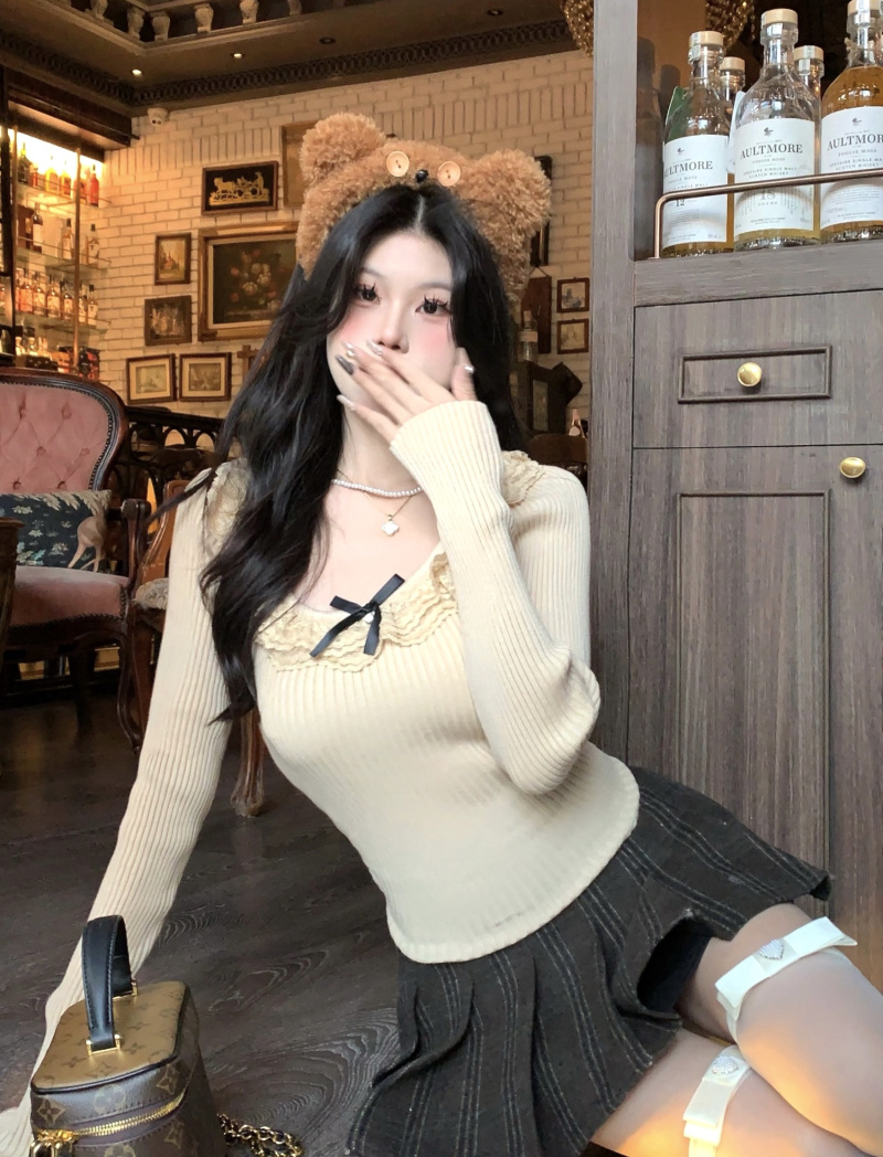레이스 레이스 나비 매듭 긴팔 광장 칼라 니트 스웨터 여성 가을 겨울철 순수한 욕망 몸매 가꾸기 쇼트 스타일 인사이드 가져 가라. 예쁜 스웨터