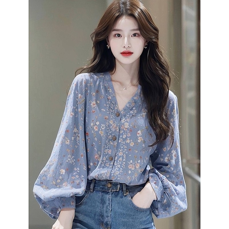 새로운 프랑스식 아름다운 고유 한 숙녀 품격 센 부서 파란색 꽃무늬 긴팔 셔츠 맨위 여성 루즈핏 느긋한 바람