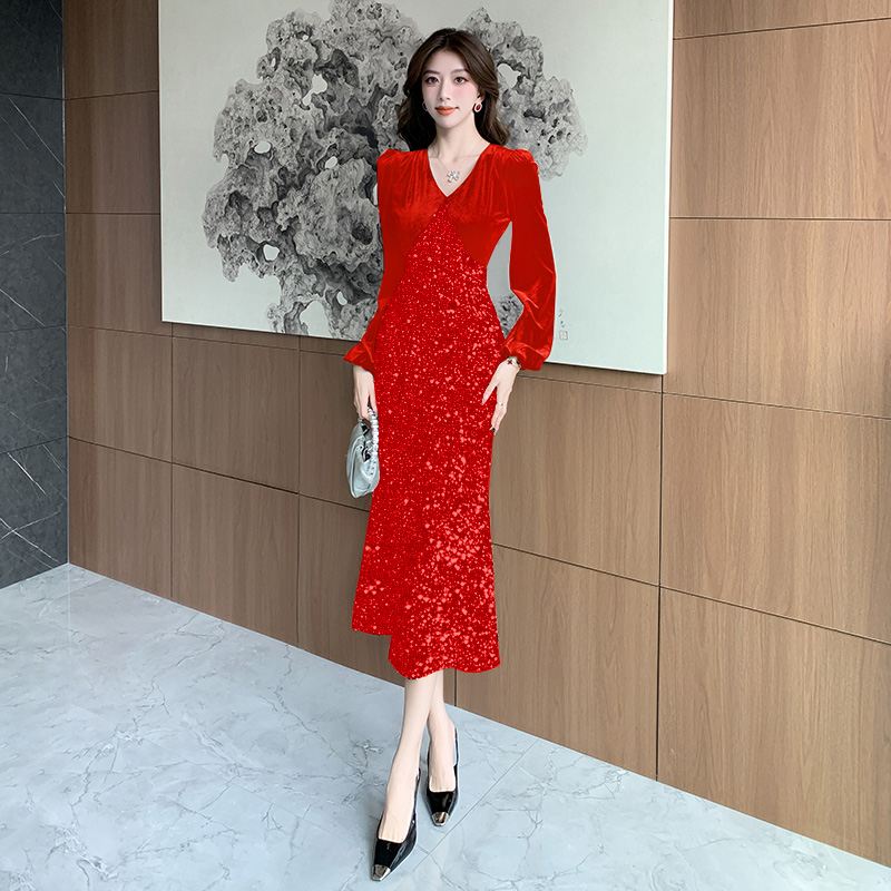 MY15015# 新款时髦洋气金丝绒拼接亮片长裙包臀连衣裙女裝貨源服裝批發