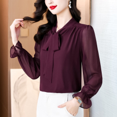 批发早秋新款显瘦法式气质优雅飘带V领<b class='q'>长袖</b>乔其纱<b class='q'>衬衫</b>女显瘦