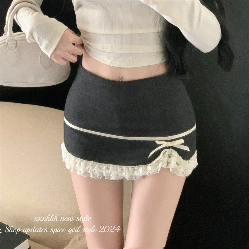 Actual shot ~ 2024 early autumn new lace skirt for women A-line hip-hugging design bow skirt