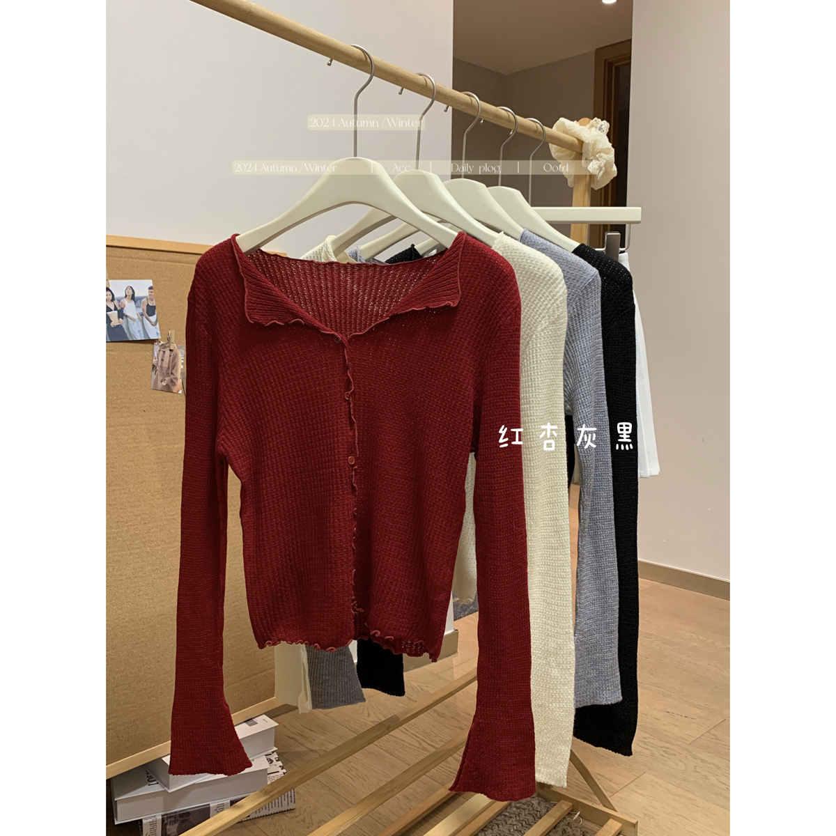 Real shot of autumn and winter Korean style temperament lapel earring single-breasted cardigan 6 wool knitted long-sleeved jacket for women