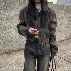 批发尺寸已更新法式<b class='q'>帅气</b>做旧翻领拉链宽松百搭BF风机车服PU皮衣短外套