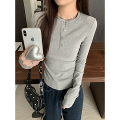 Real shot of autumn and winter Korean style slimming button design versatile long-sleeved T-shirt inner top for women