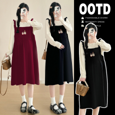 批发实拍#<b class='q'>孕妇</b><b class='q'>春装</b><b class='q'>连衣裙</b>2026新款早春休闲甜美刺绣假两件针织裙潮妈