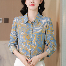 批发2025秋高端妈妈装重磅真丝<b class='q'>衬衫</b>女中长款<b class='q'>OL</b>复古印花长袖桑蚕丝<b class='q'>衬衣</b>