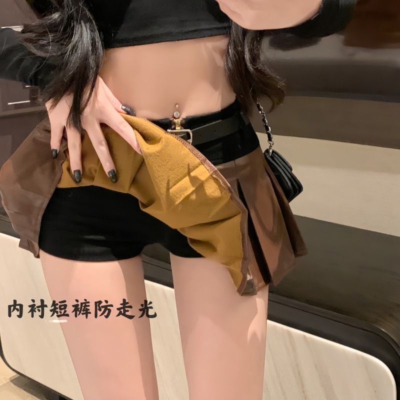 Real shot!  New Korean style PU leather fake two piece hot girl low waist belt slimming pleated mini skirt