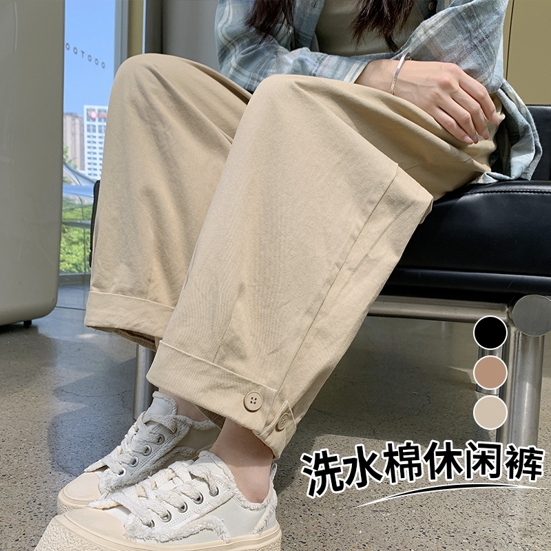 BY30475# 洗水棉休闲裤女春夏韩系九分休闲卷边直筒宽松工装老爹裤 服裝批發女裝批發服飾貨源
