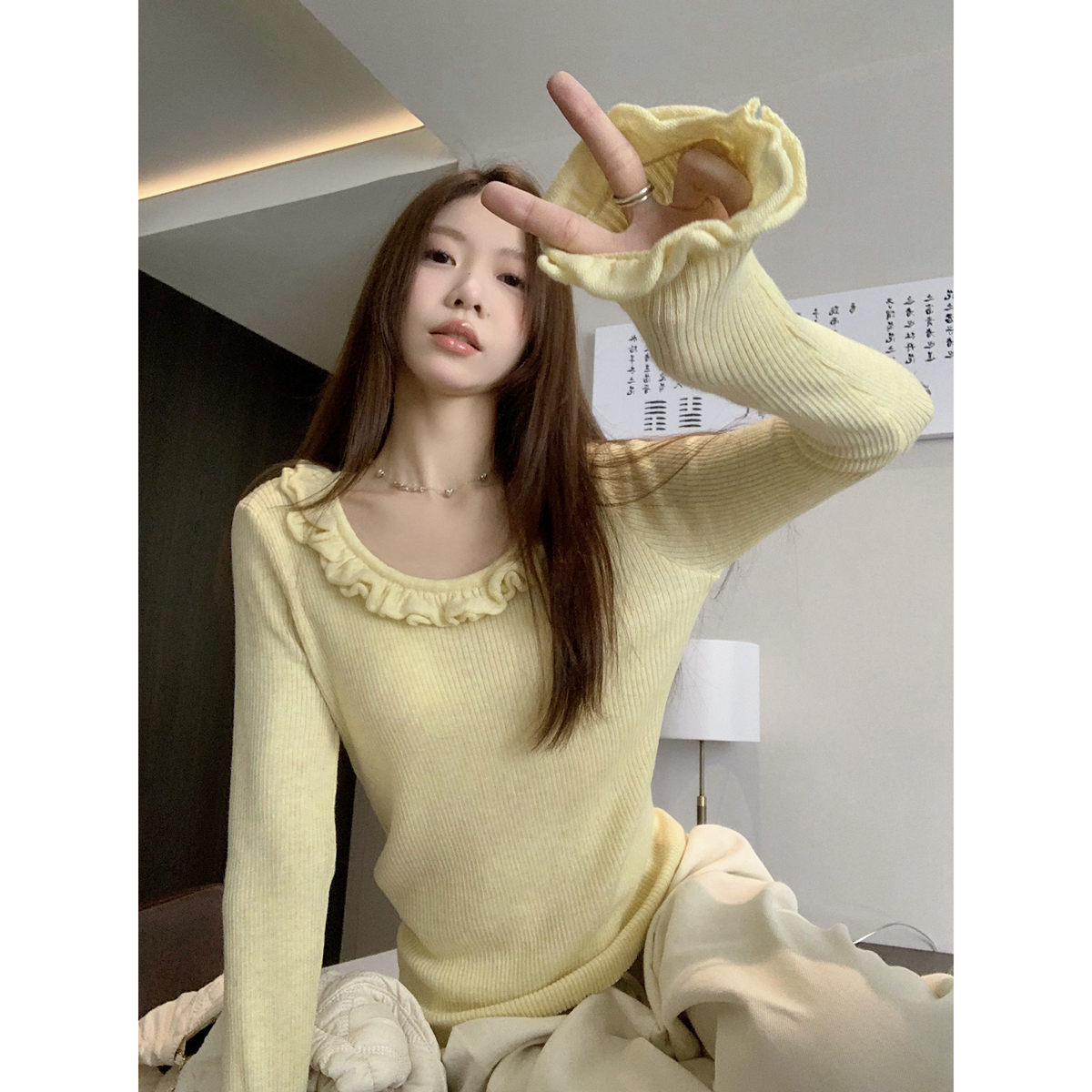 Real shot of autumn and winter Korean style round neck slim lace sweet and slim 6 wool sweater bottoming long-sleeved top